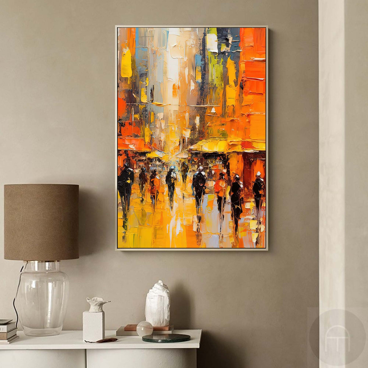 Impasto Cityscape Painting Vibrant Orange & Yellow