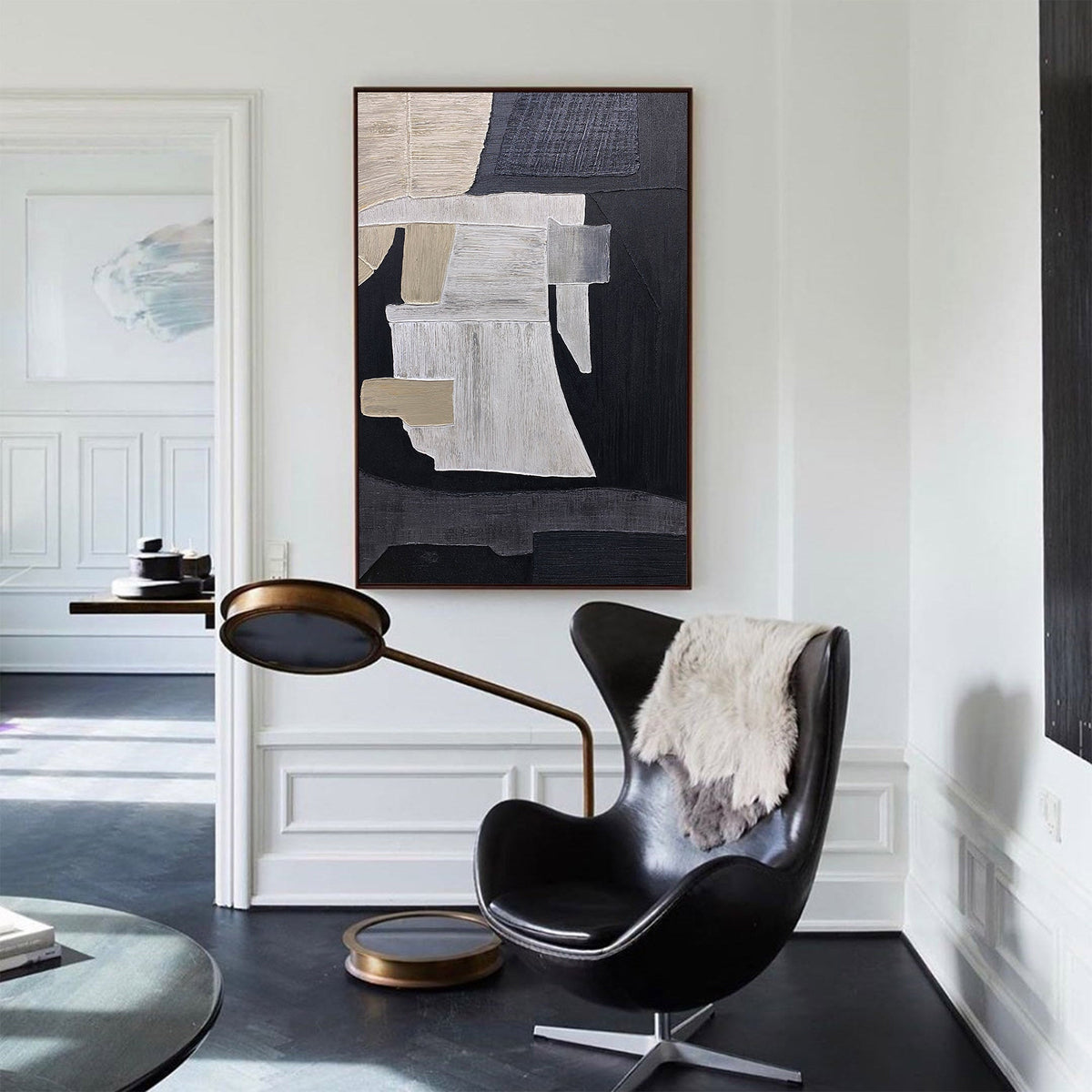 Black‑Beige‑Cream Vertical Patch‑Collage Impasto‑Textured Artwork