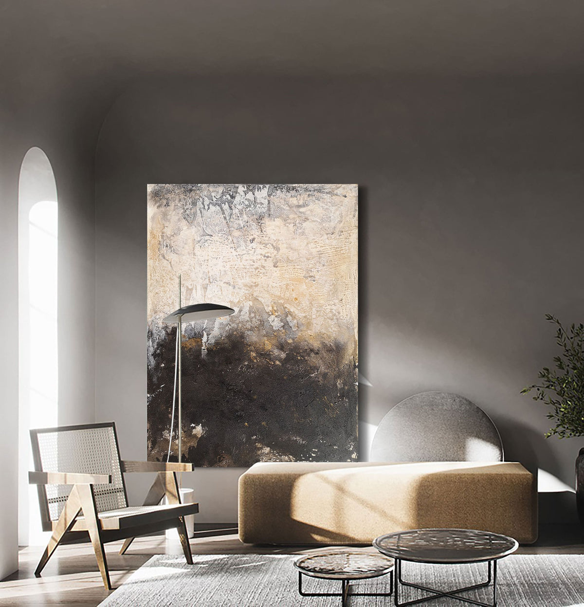 Beige‑Black Vertical Two‑Tone Earth‑Impasto Textured Artwork