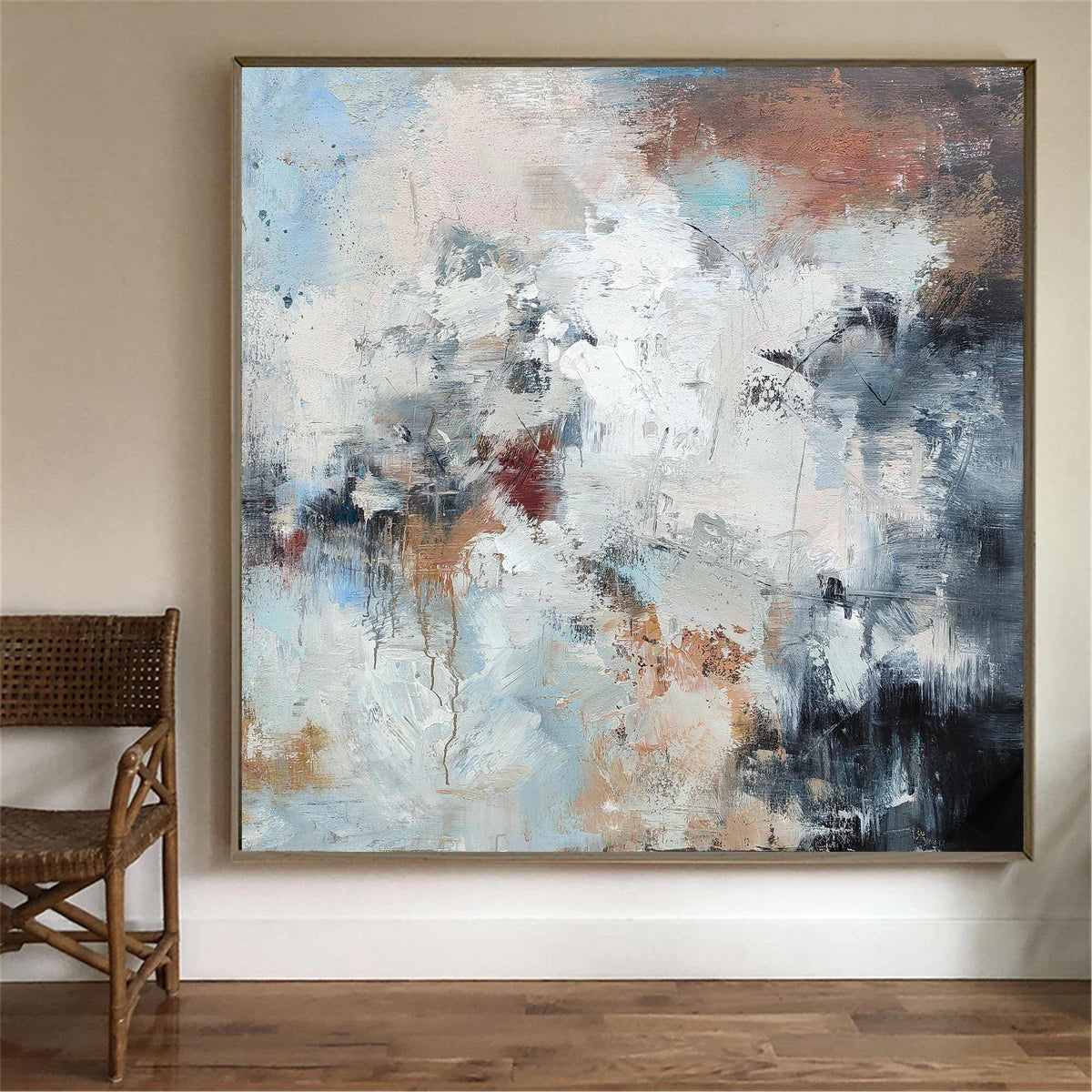Blue‑White‑Terracotta Square Abstract  Earth‑Tone Layered‑Texture Artwork