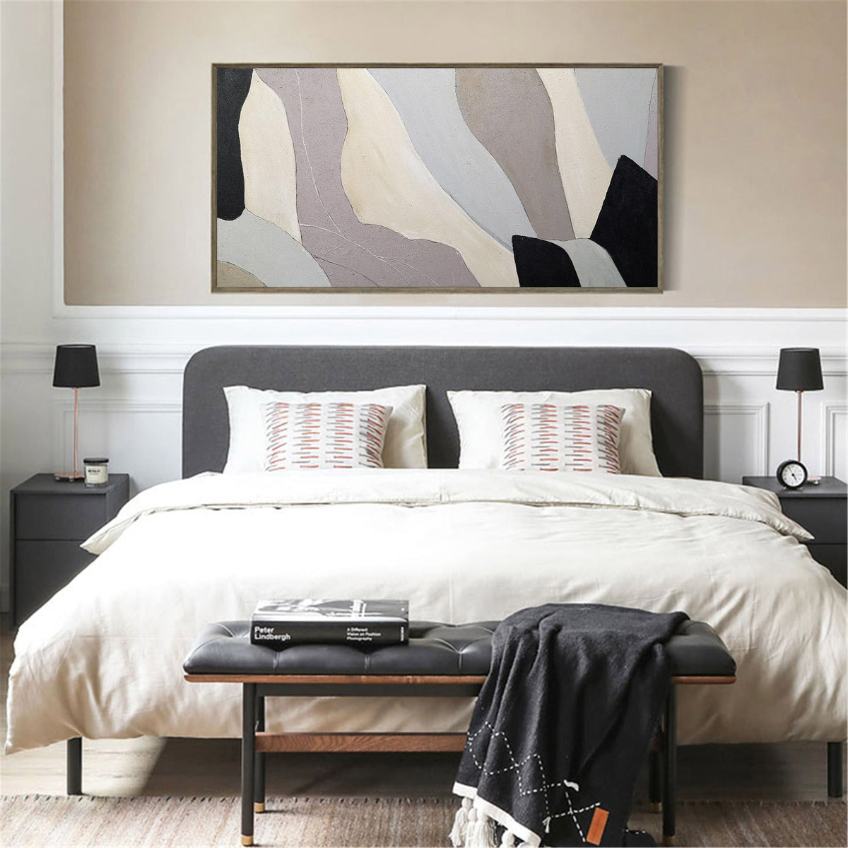 Beige‑Grey‑Black Horizontal Geometric Layered Block‑Shape Matte‑Surface Artwork