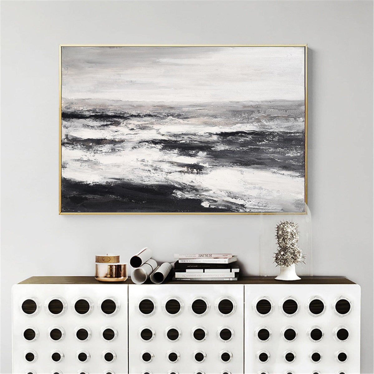 Monochrome Ocean Abstract  Thick Impasto Wave Textured Artwork