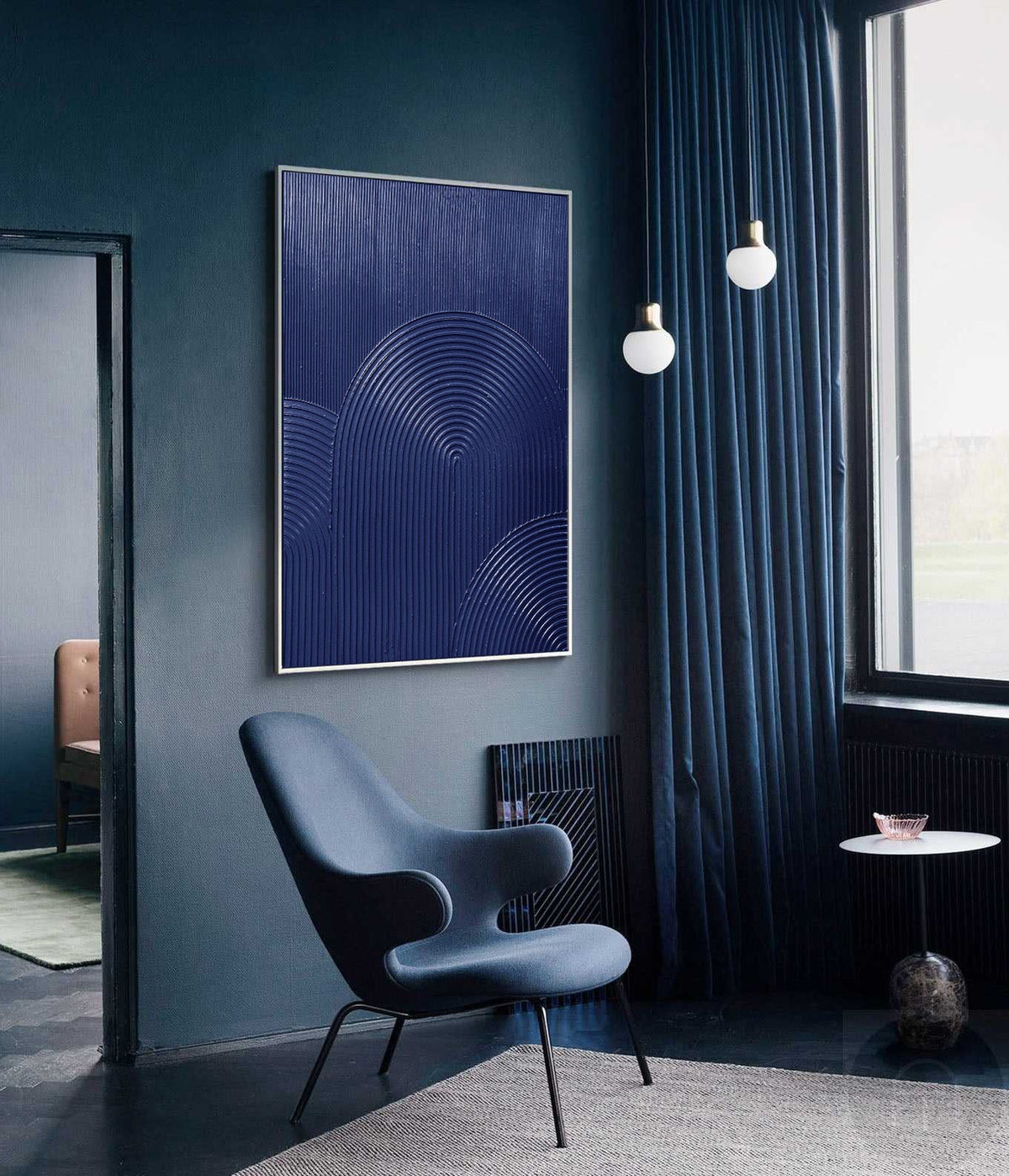 Wall Art Navy Blue Arched Lines Geometric Minimalist Texture Living Room