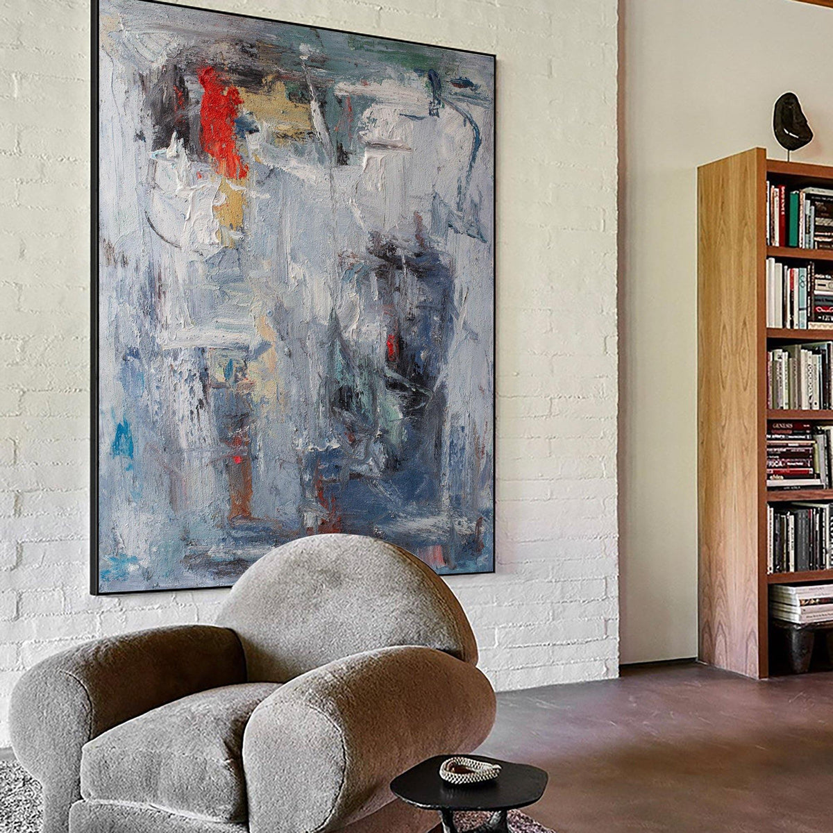 Grey‑Blue Vertical Red‑Accent Expressive Impasto Textured Artwork