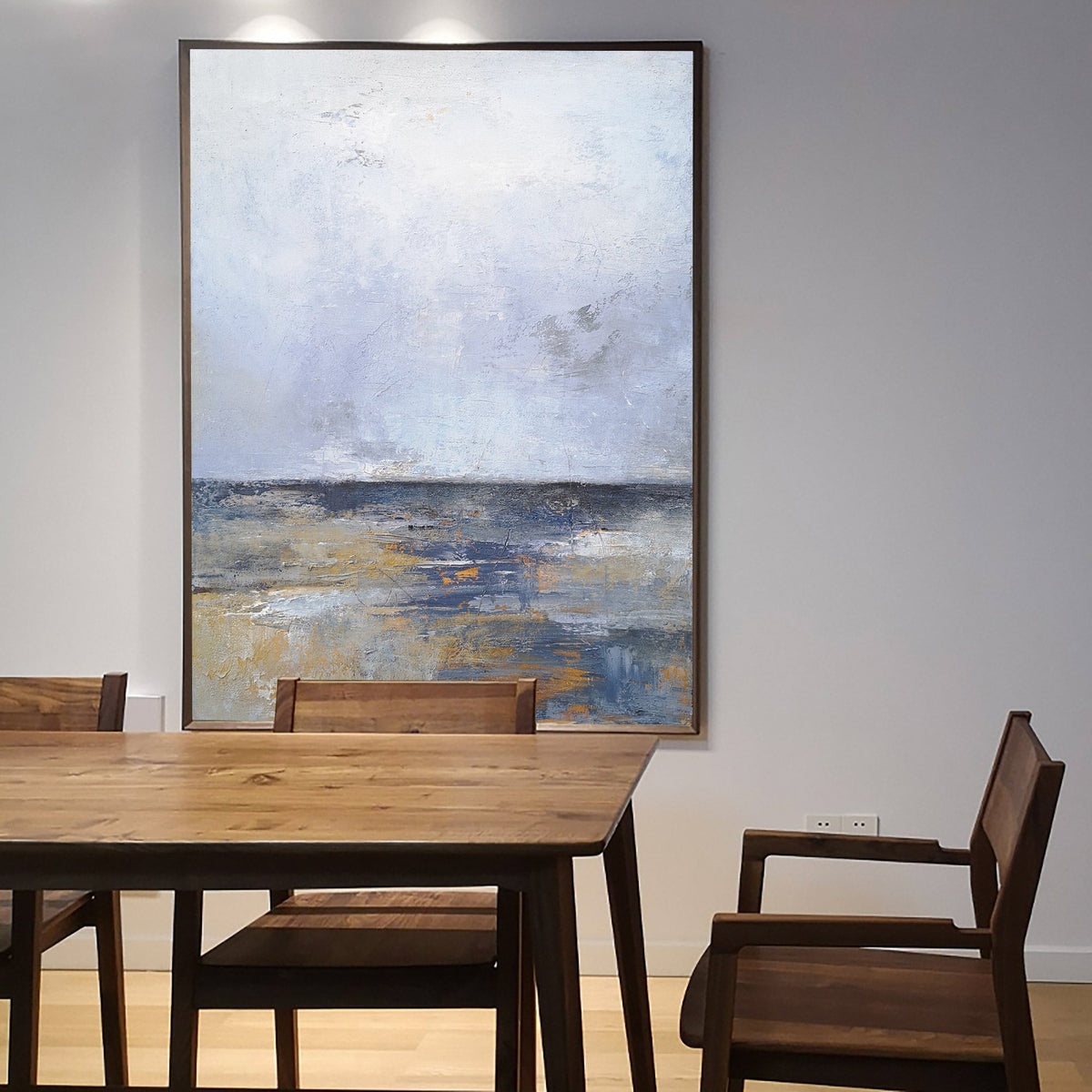 Blue‑Gold‑Grey Vertical Seascape Horizon Impasto‑Textured Artwork
