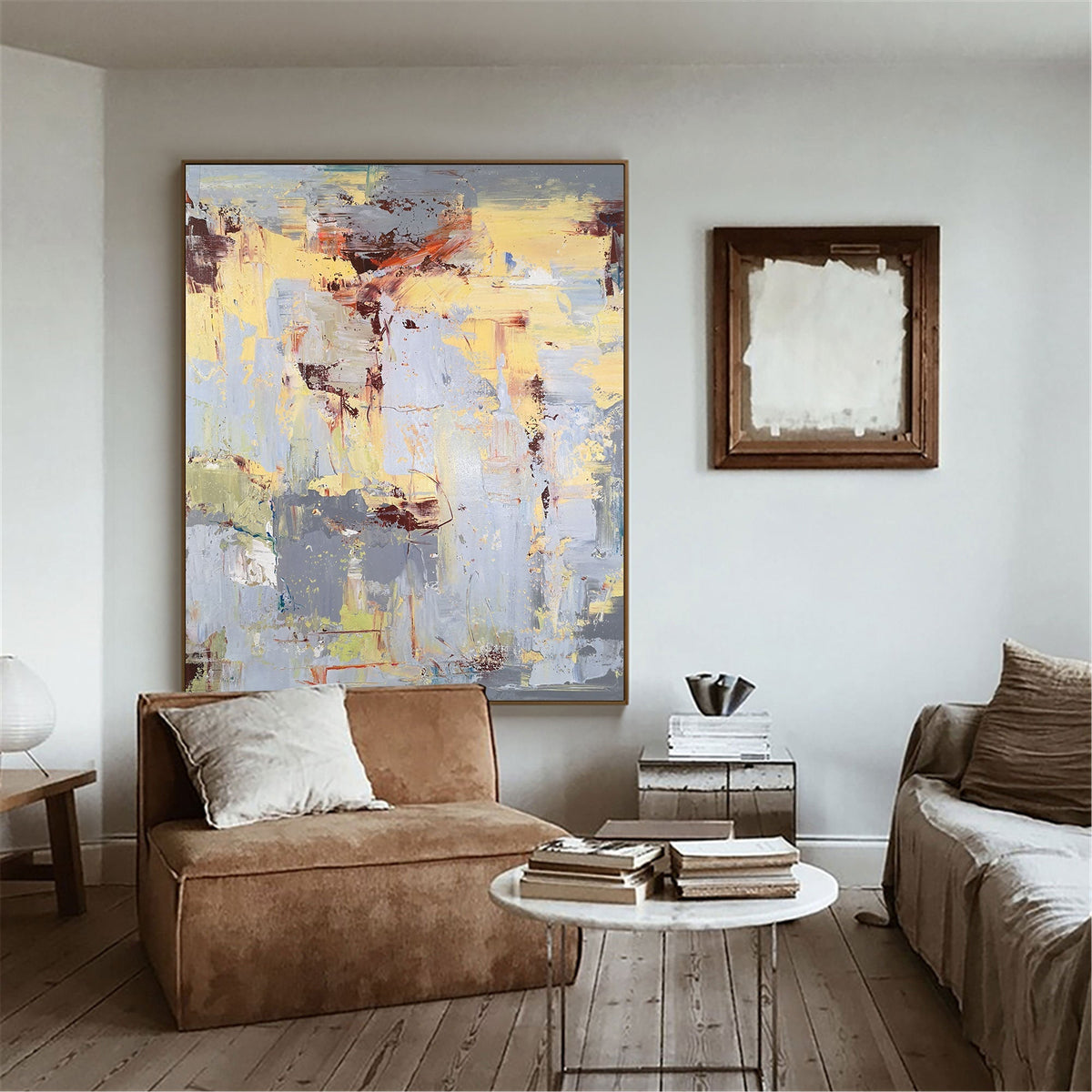 Yellow‑Grey‑Red Vertical Abstract  Thick Impasto‑Layer Texture Artwork