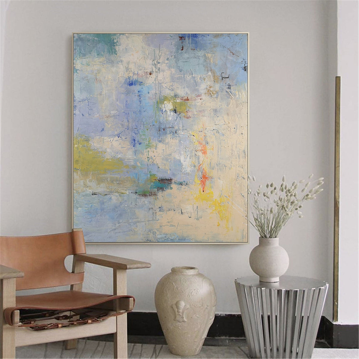 Sky‑Blue Cream‑Yellow Square Soft‑Blend Impasto Textured Artwork