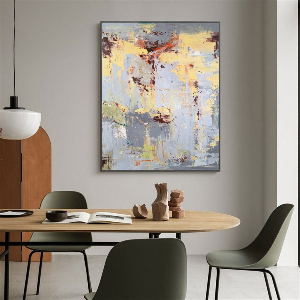 Yellow‑Grey‑Red Vertical Abstract  Thick Impasto‑Layer Texture Artwork