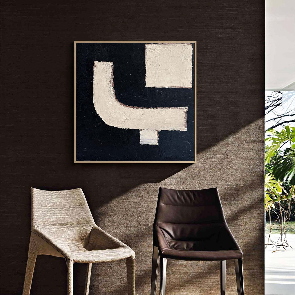 Black‑Cream Square Geometric‑Block Impasto‑Textured Artwork
