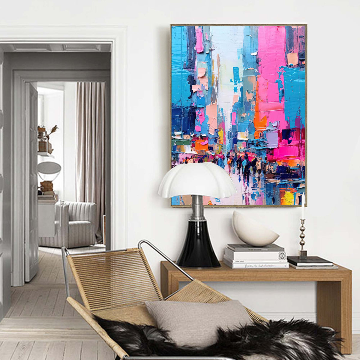 Impasto Cityscape Painting Vibrant Pink & Blue Wall Art