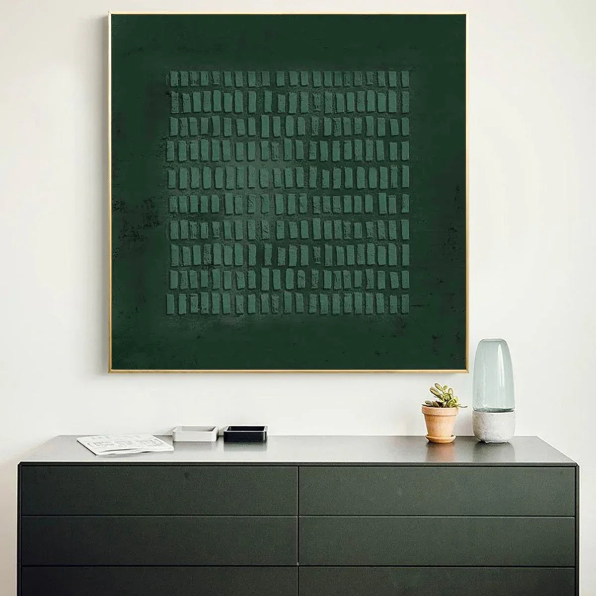 Dark Green Textured Grid Abstract Oil Painting