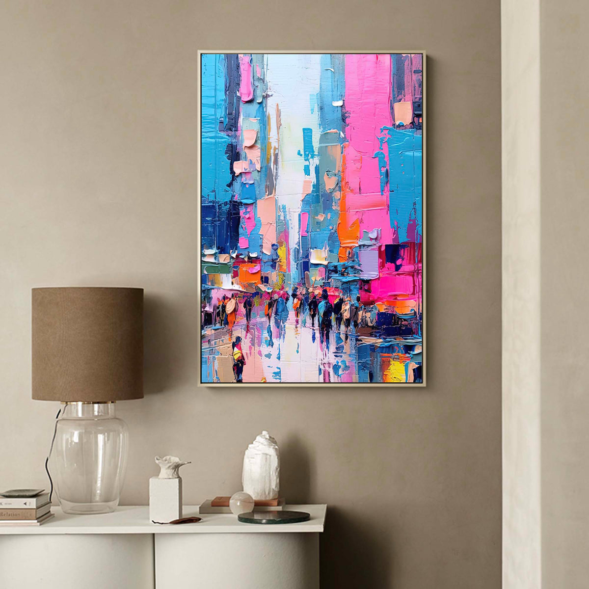 Impasto Cityscape Painting Vibrant Pink & Blue Wall Art