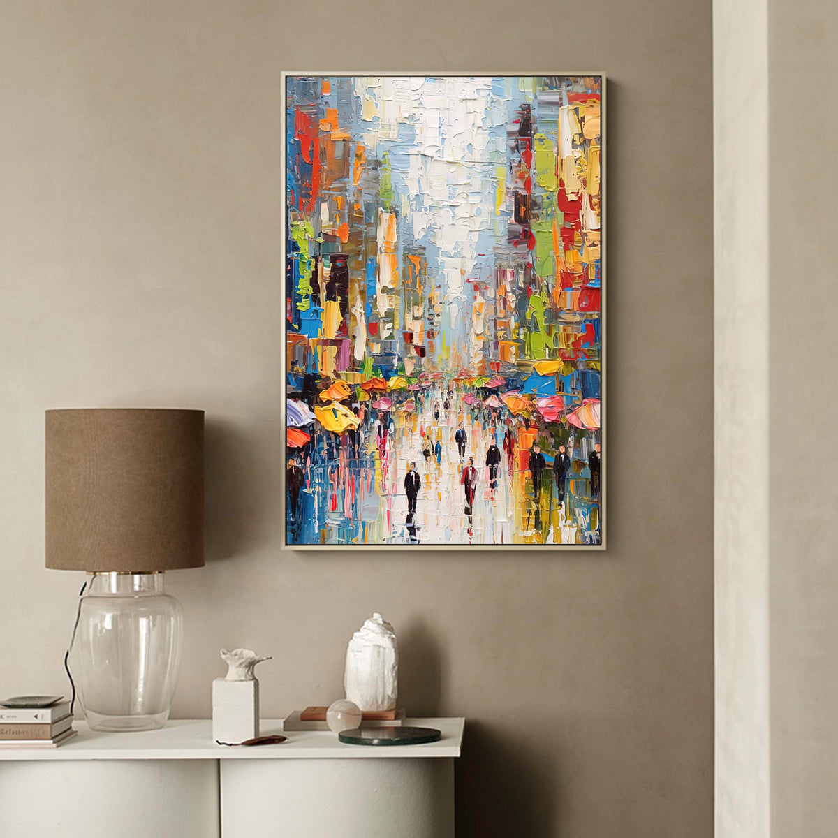 Vibrant Impasto City Street Oil Painting Rainy Day Umbrella