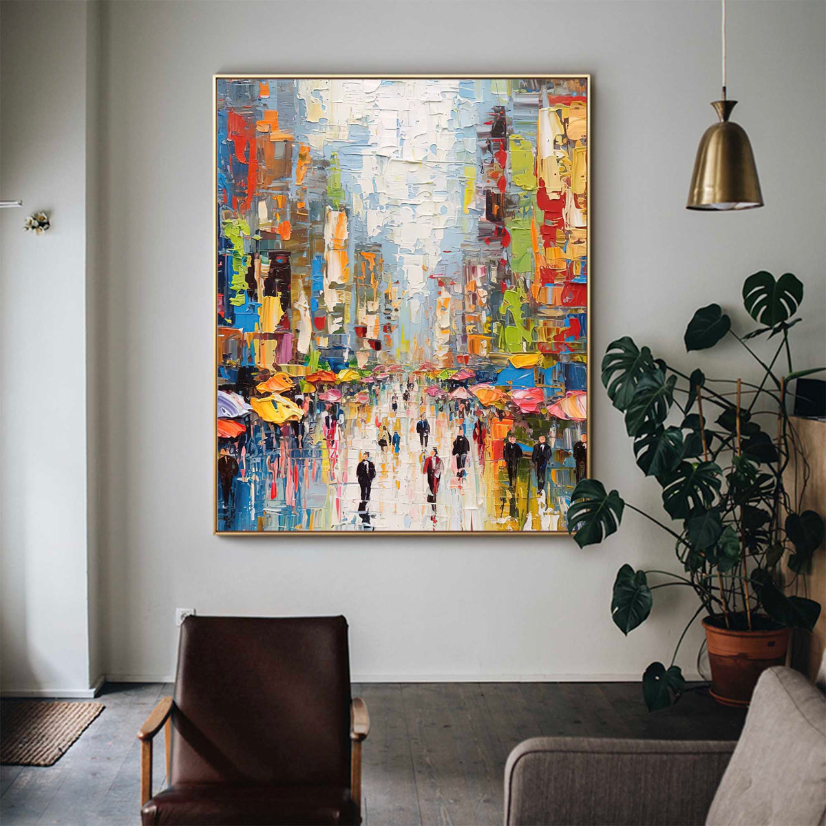 Vibrant Impasto City Street Oil Painting Rainy Day Umbrella