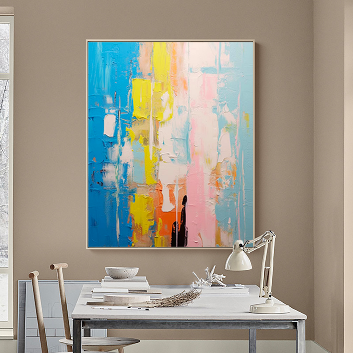 Impasto Vertical Abstract Painting Blue And Pink