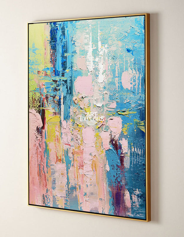 Wall Art Blue Pink Floral Abstract Textured Living Room