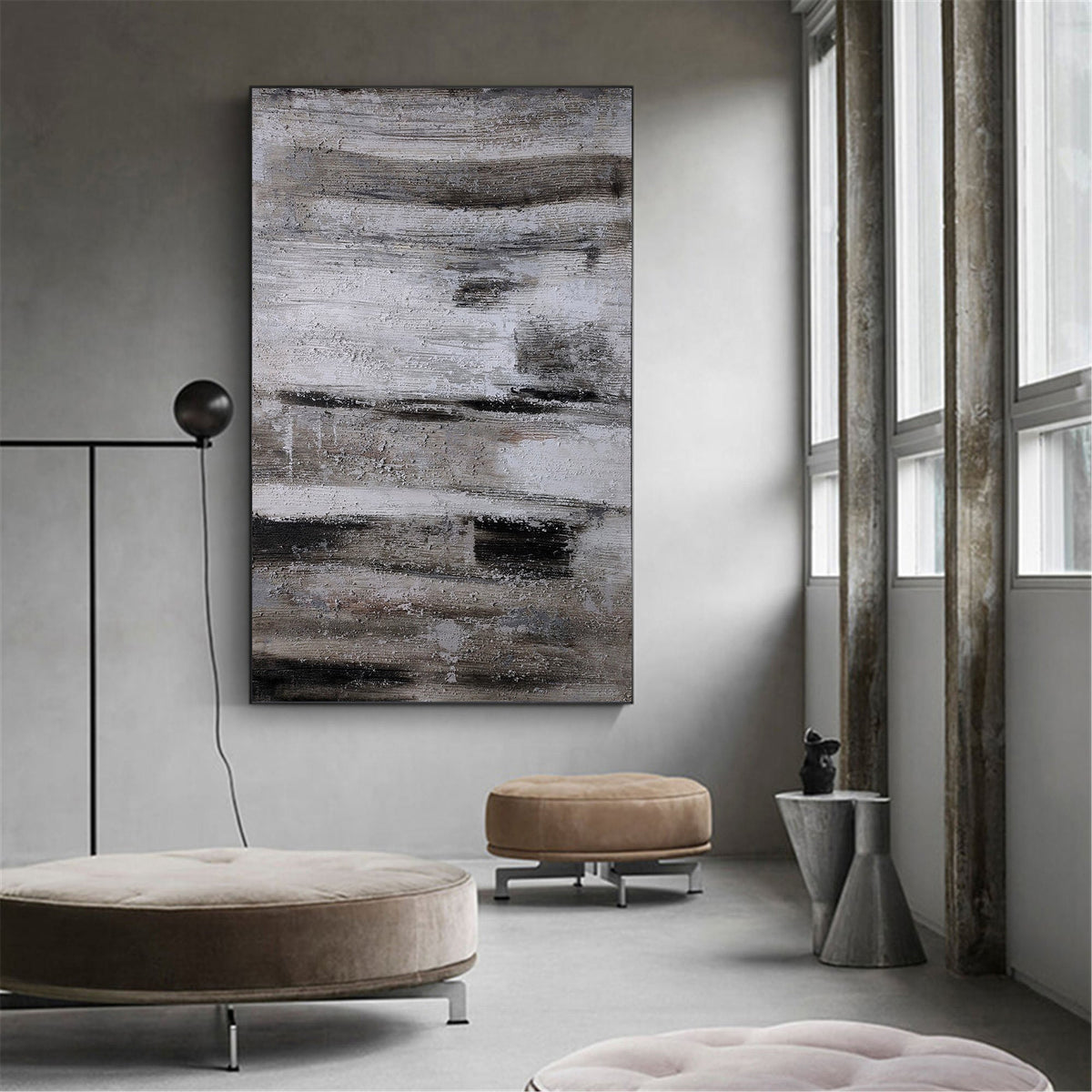 Black‑Grey‑White Vertical Abstract Rustic Layered‑Weathered Texture Artwork