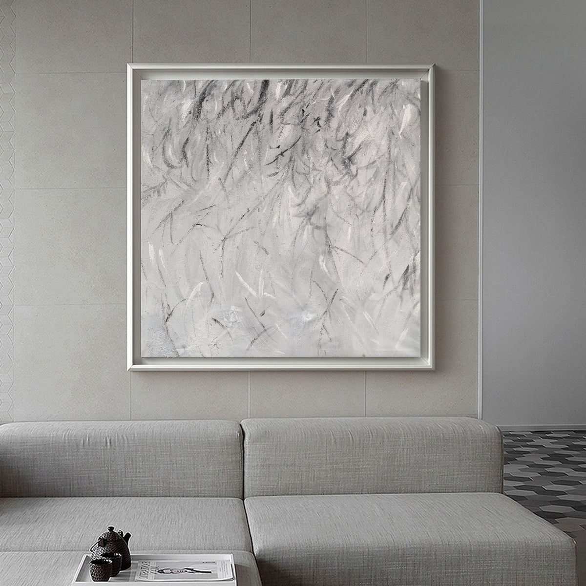 3D Textured Gray White Marble Inspired Abstract Oil Acrylic Linen Canvas Painting