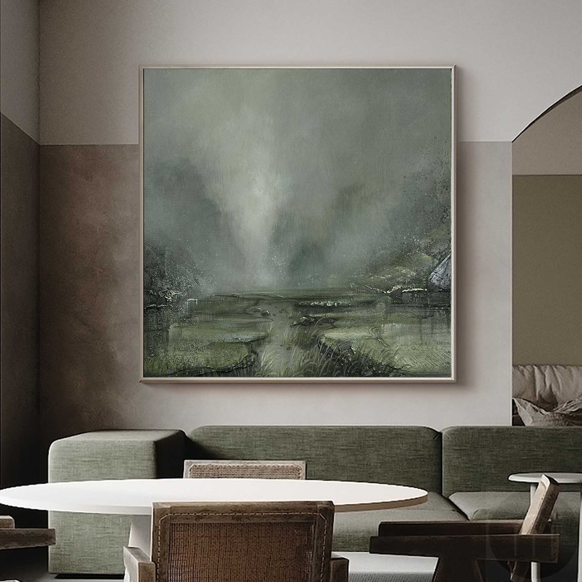 Misty Sage Green Landscape Painting