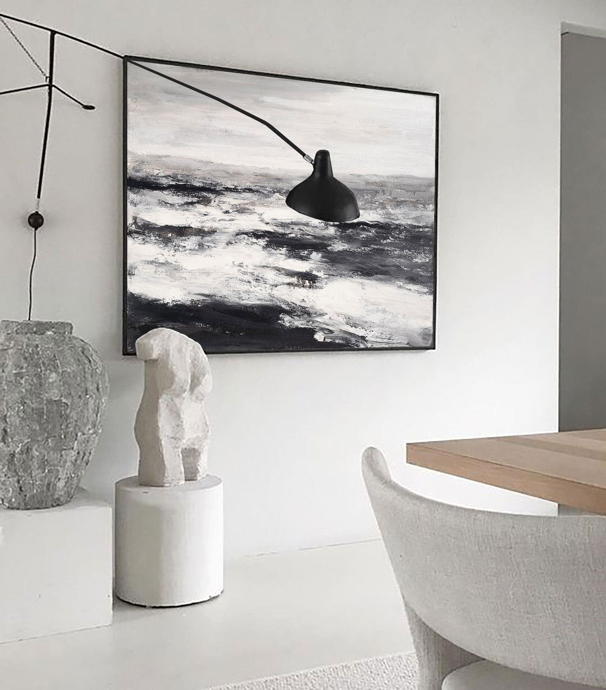 Monochrome Ocean Abstract  Thick Impasto Wave Textured Artwork