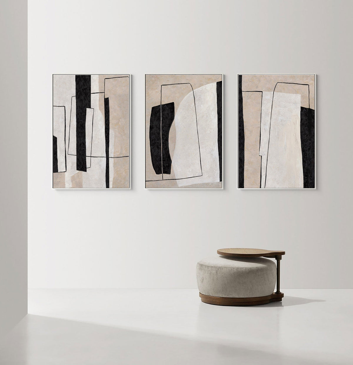 Beige Black Geometric Abstract Triptych Art