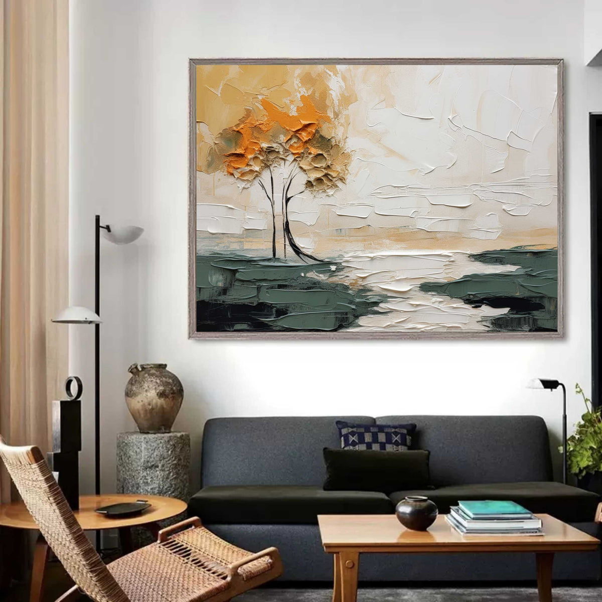 Autumn Duo Trees Impasto Landscape Painting