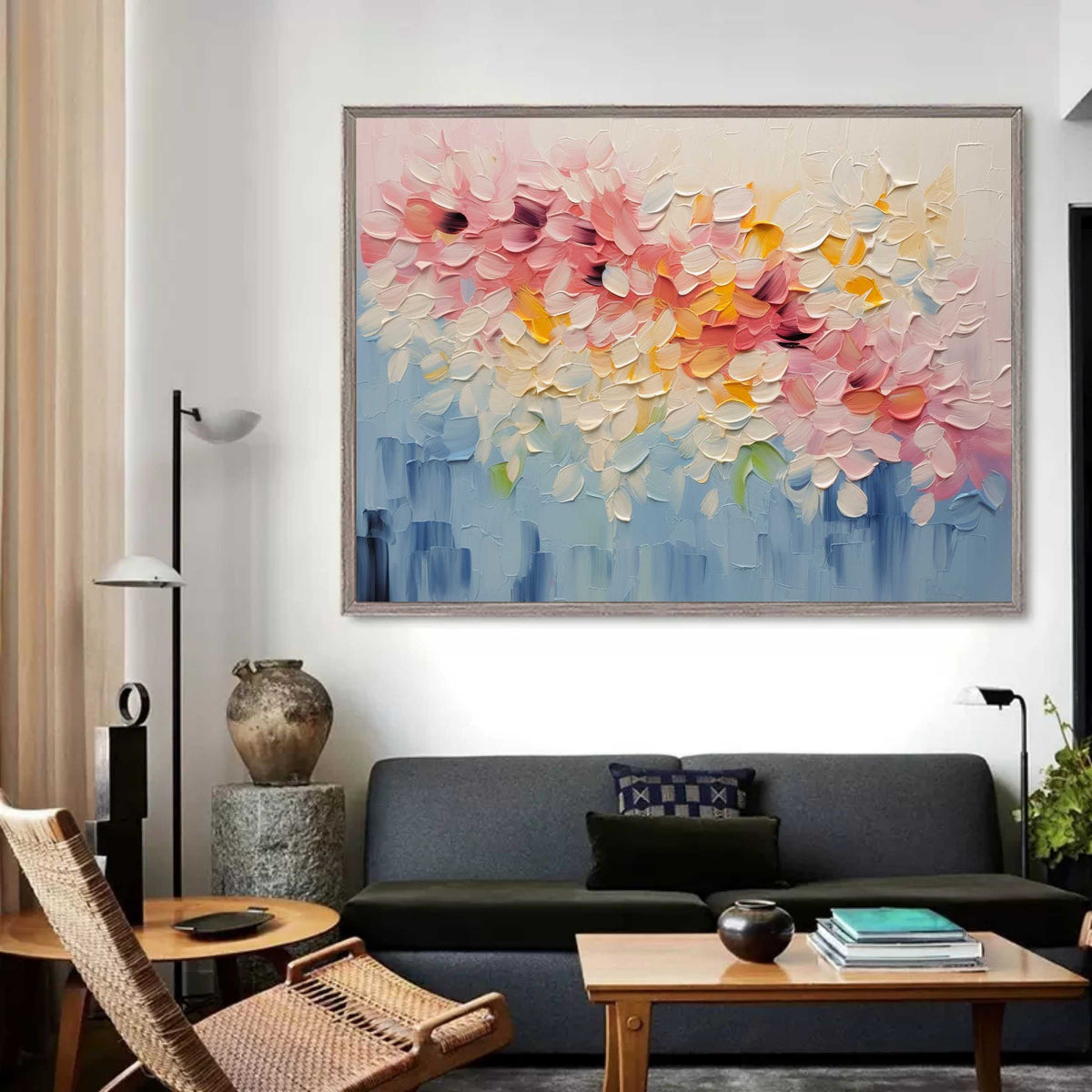 Vibrant Floral Impasto Painting Textured Pink Yellow