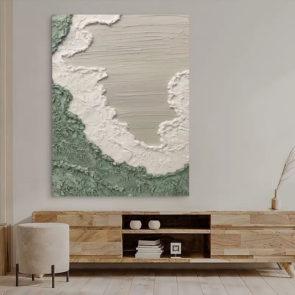 Wall Art Sage Green White Coastal Wave