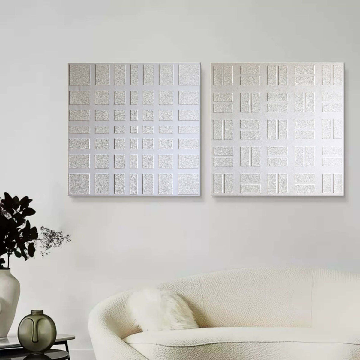 Wall Art Geometric Grid Symmetrical Panels Linen Canvas