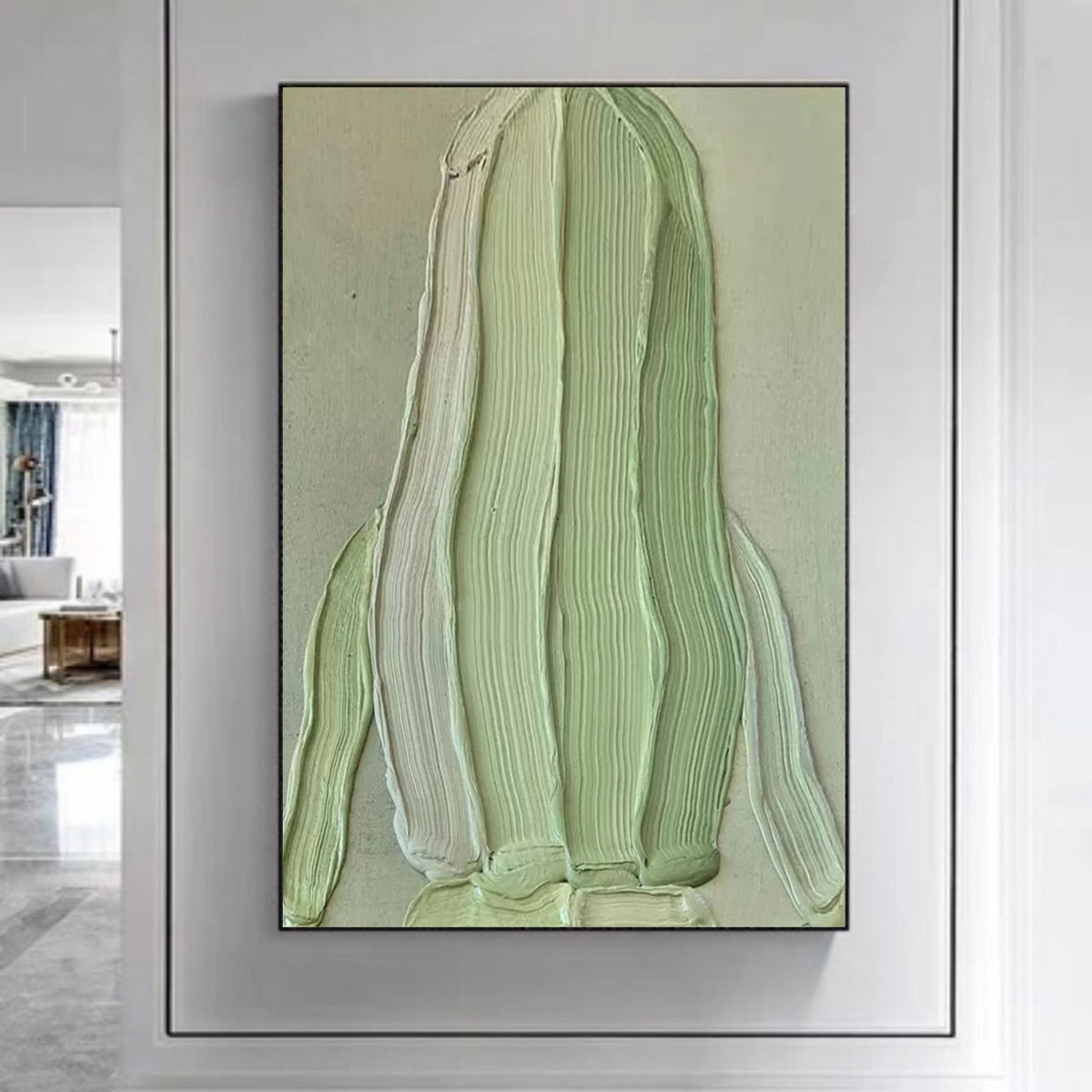Soft Green Impasto Textured Organic Form Wall Art