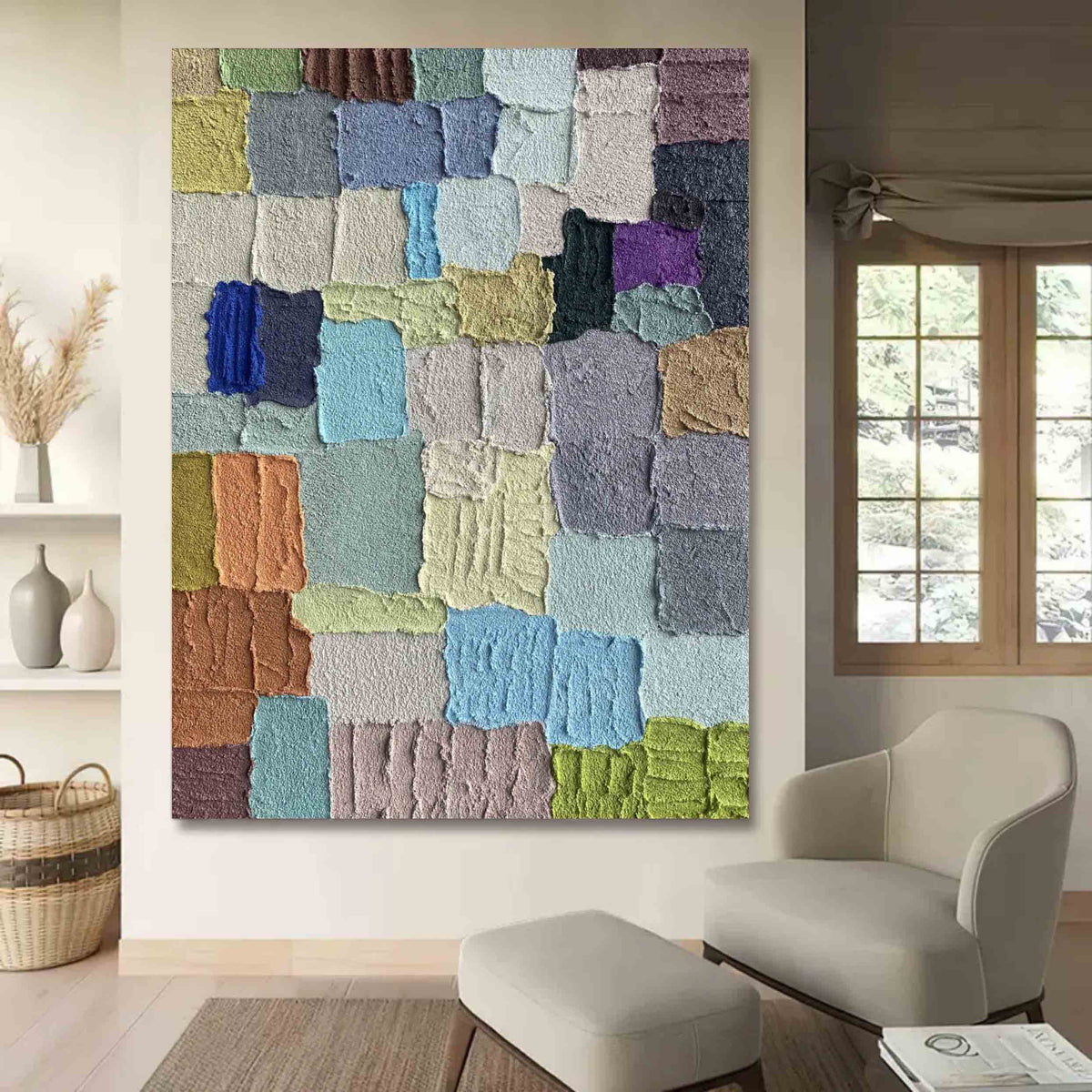 Colorful Multi Toned Textured Patchwork Oil Painting