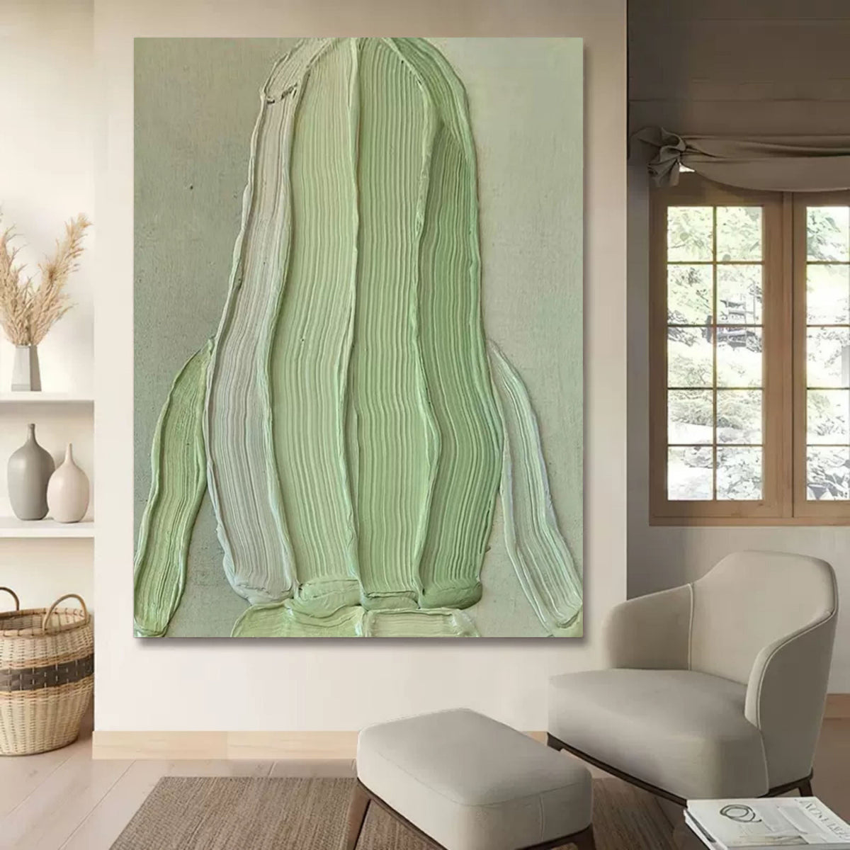 Soft Green Impasto Textured Organic Form Wall Art