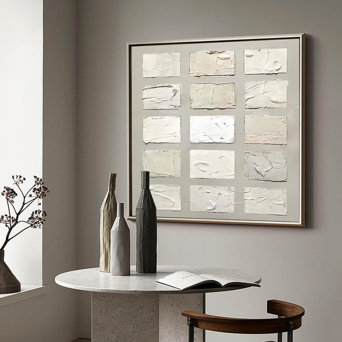 Wabi-Sabi Textured Neutral Tone Grid Oil Painting
