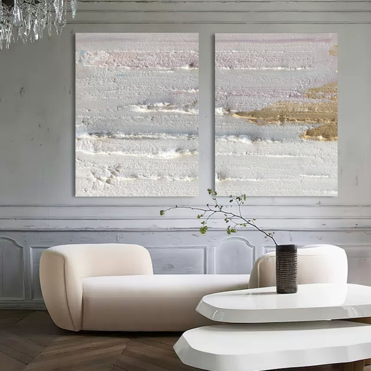 Wall Art Pastel Gray Gold Layered Wave Diptych