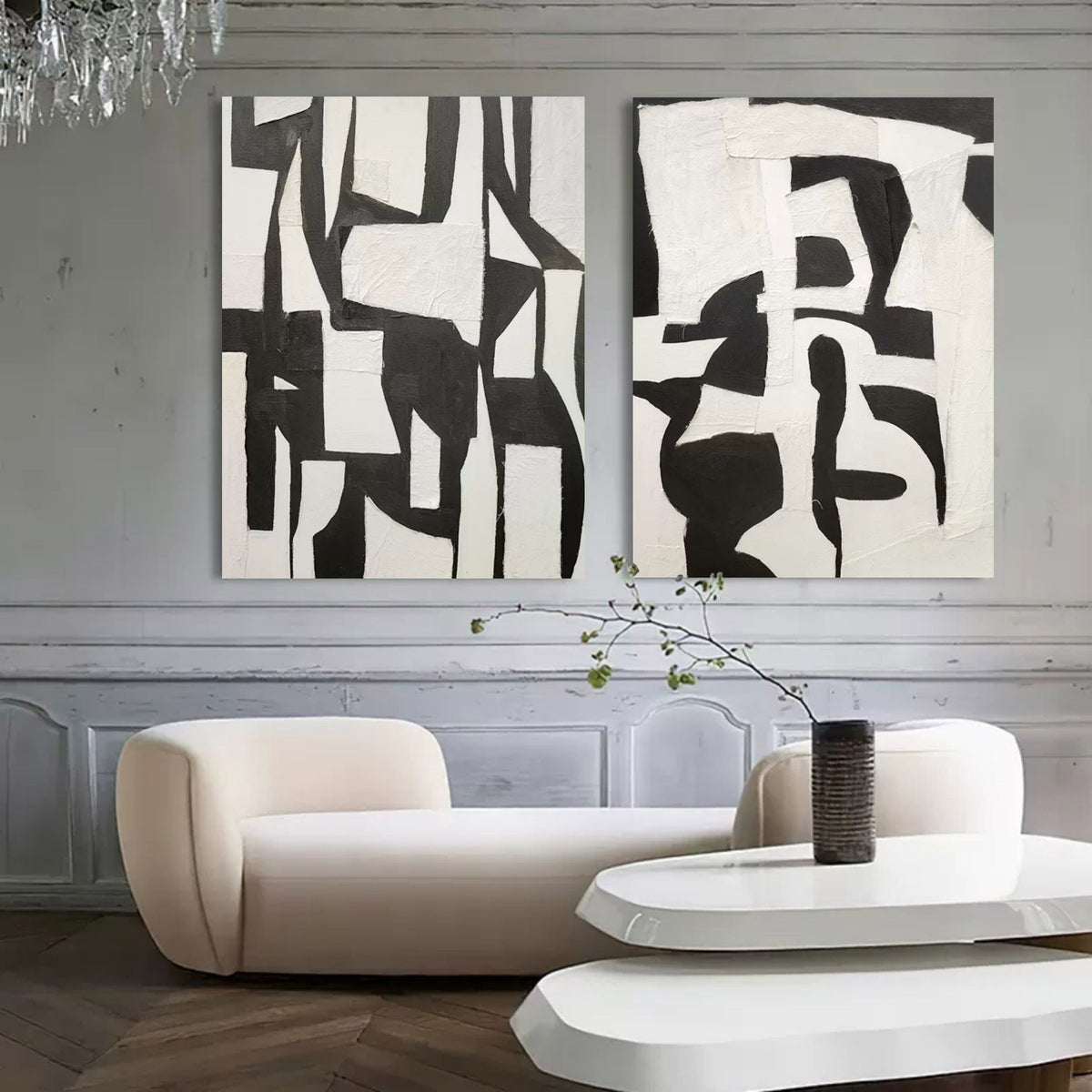Set Of 2 Black White Collage Diptych Oil Painting