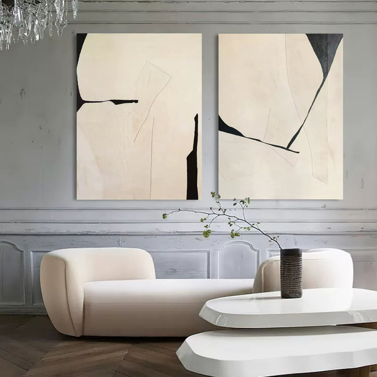 Minimalist Diptych Painting Neutral Geometric Wall Art