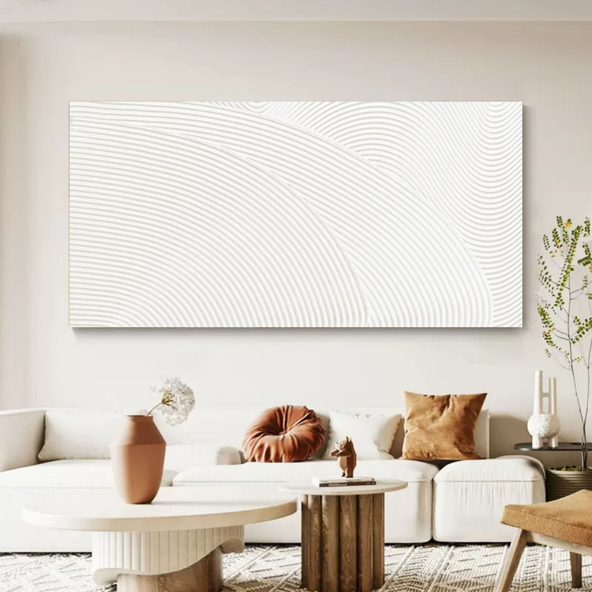 White Wave Line Textured Horizontal Wall Art