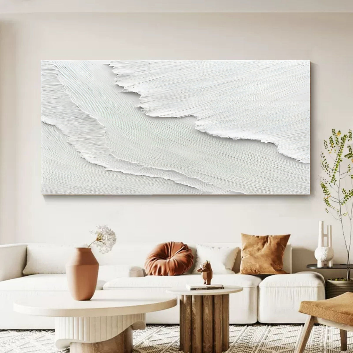 Minimalist 3D Textured White Wall Art Ocean Waves Painting