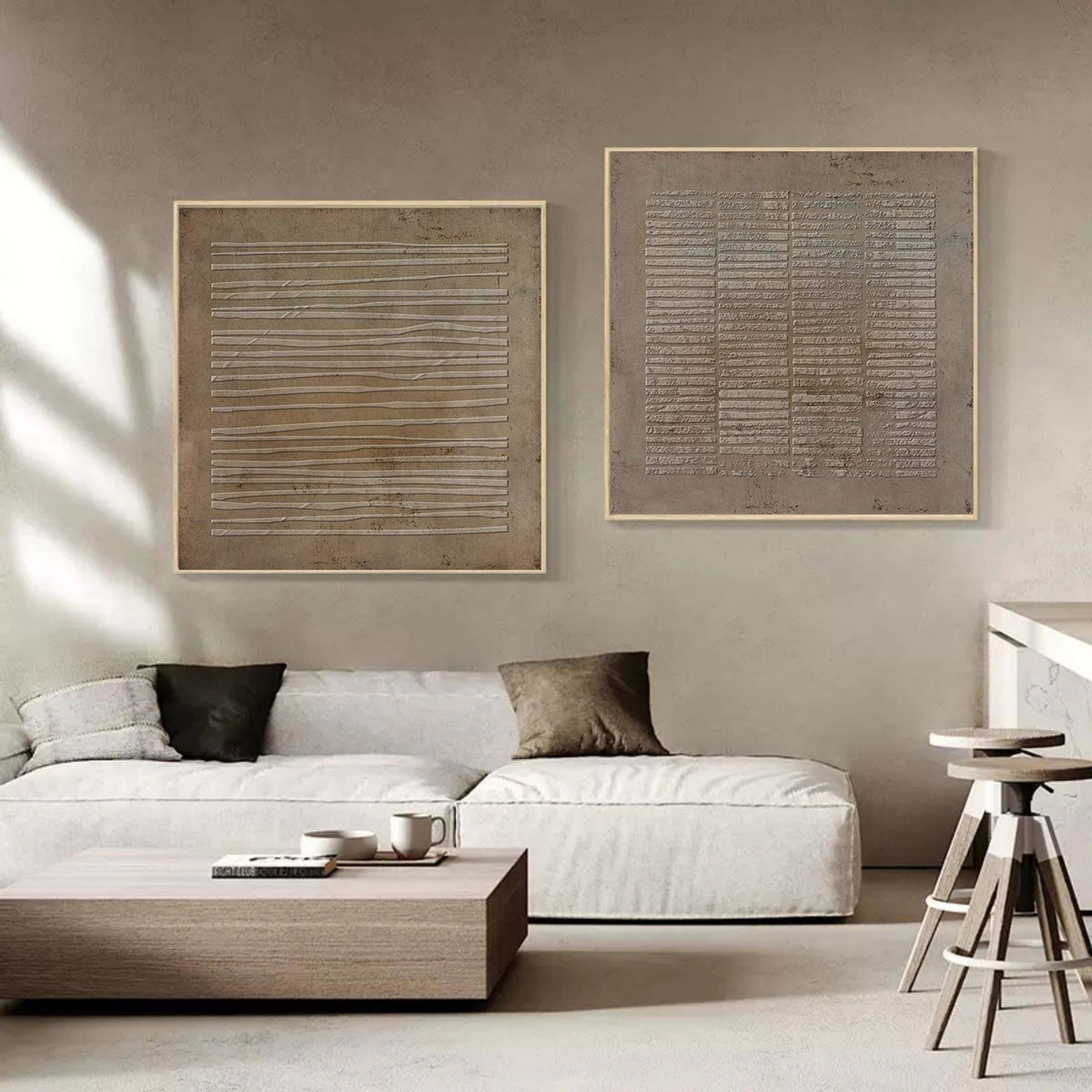 Earthy Textured Linear Pattern Diptych Wall Art Set