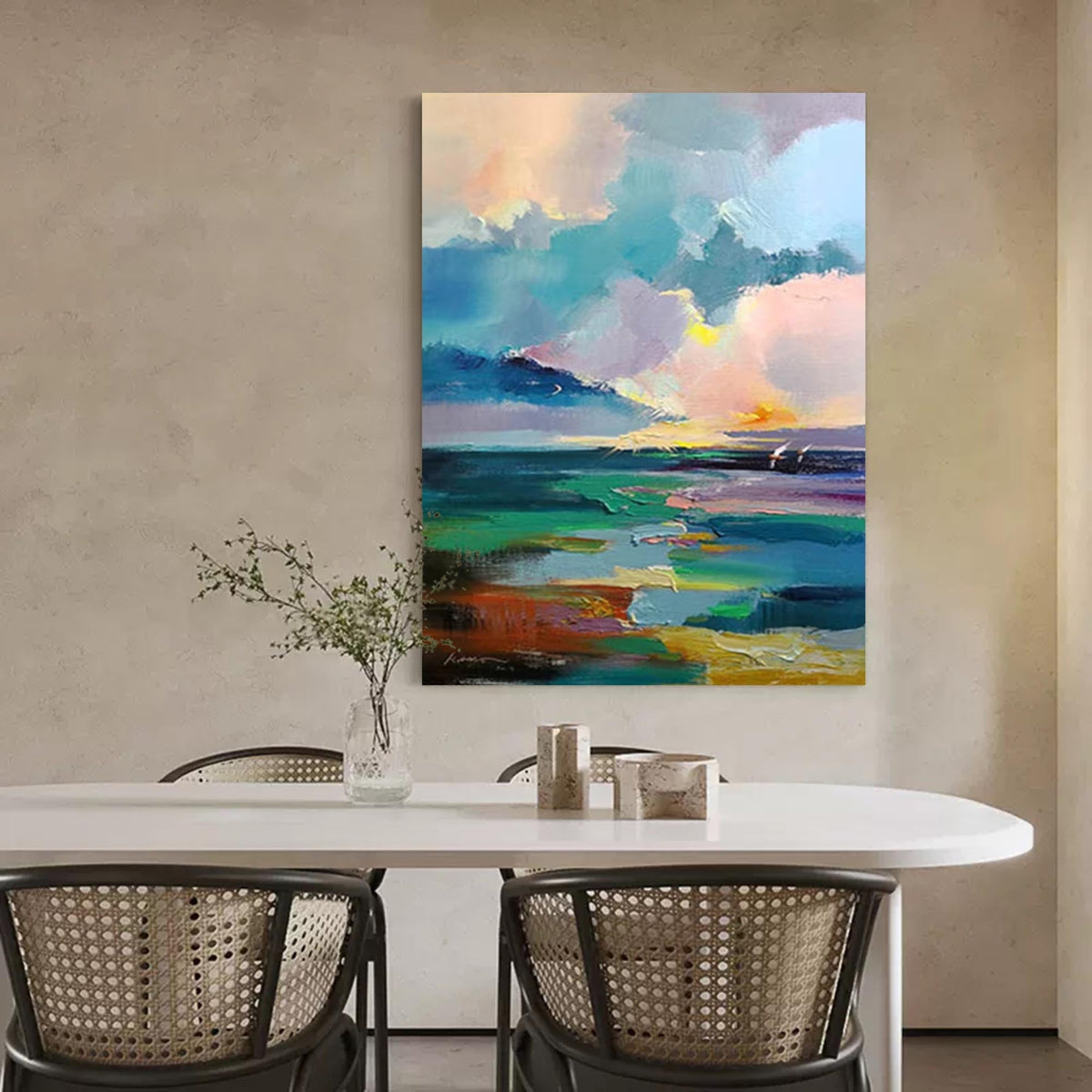 Vibrant Coastal Sunset Oil Painting Impasto Texture