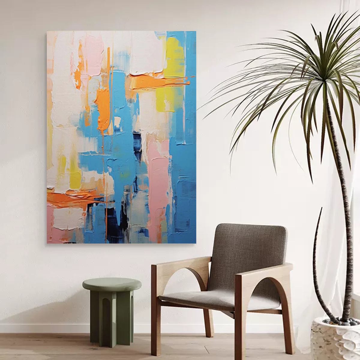 Impasto Geometric Abstract Painting Blue And Pink
