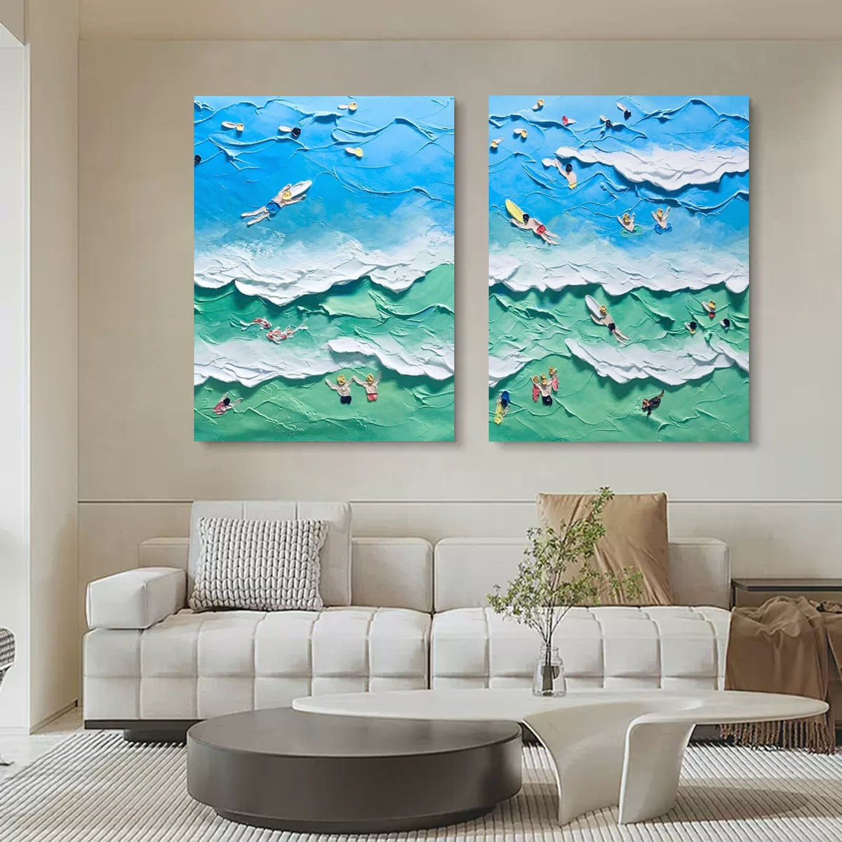 Vibrant Beach Scene Impasto Diptych Oil Painting