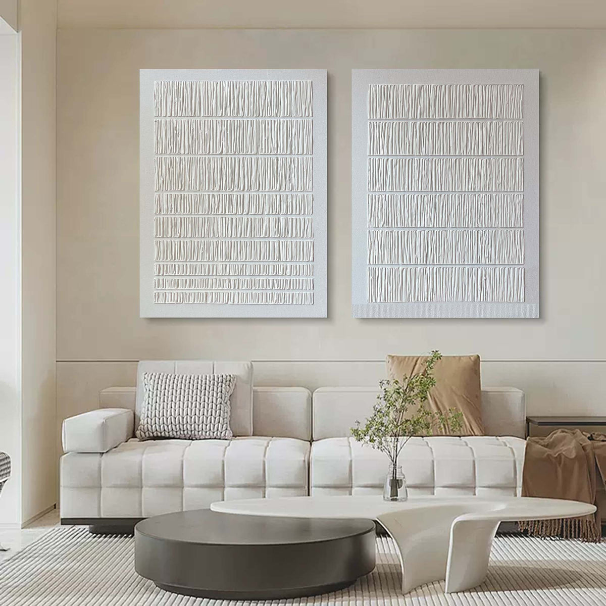 Set Of 2 Minimalist Textured Diptych Bas-Relief Painting