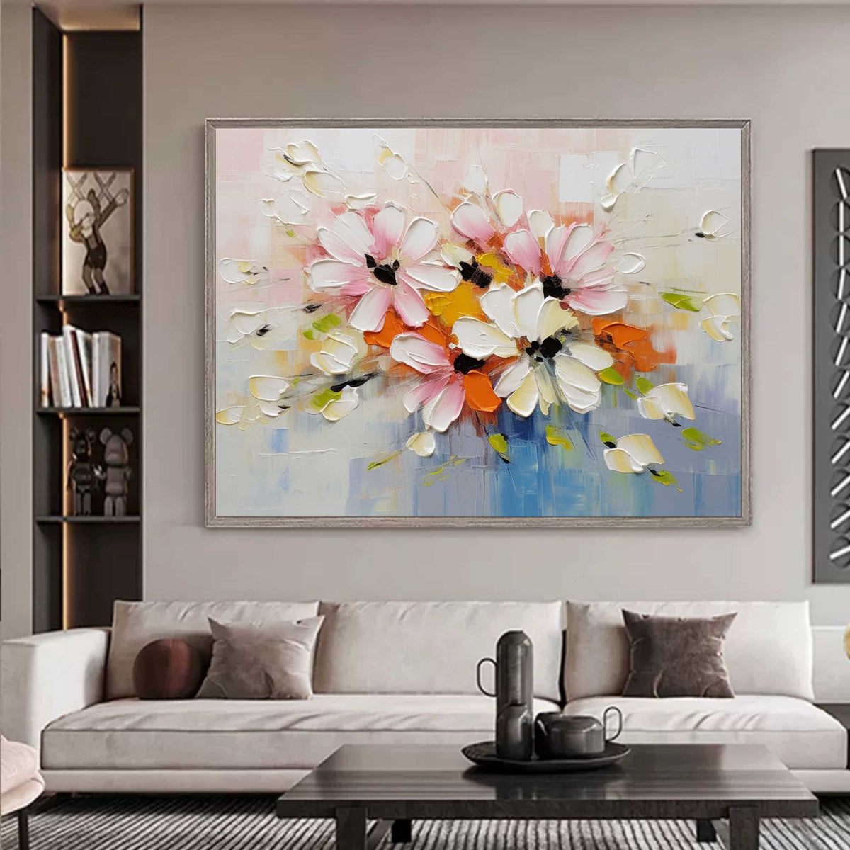 Tactile Impasto Floral Oil Painting Pink Orange Blooms