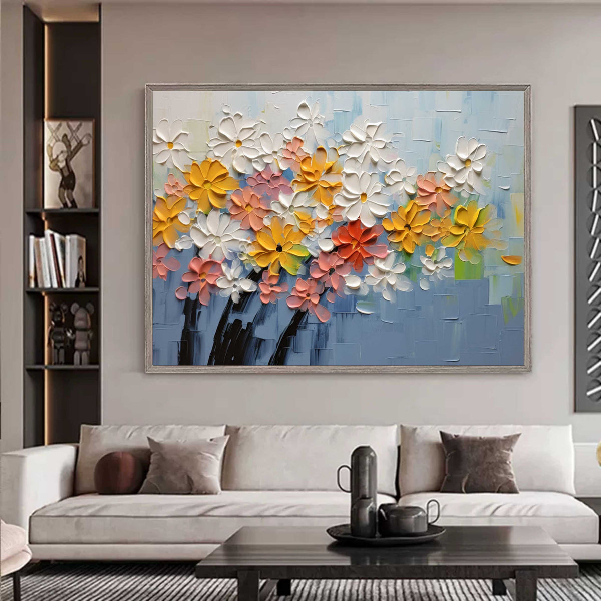 Tactile Impasto Floral Oil Painting Multi-Color Blooms