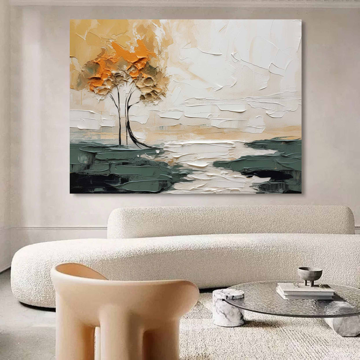 Autumn Duo Trees Impasto Landscape Painting