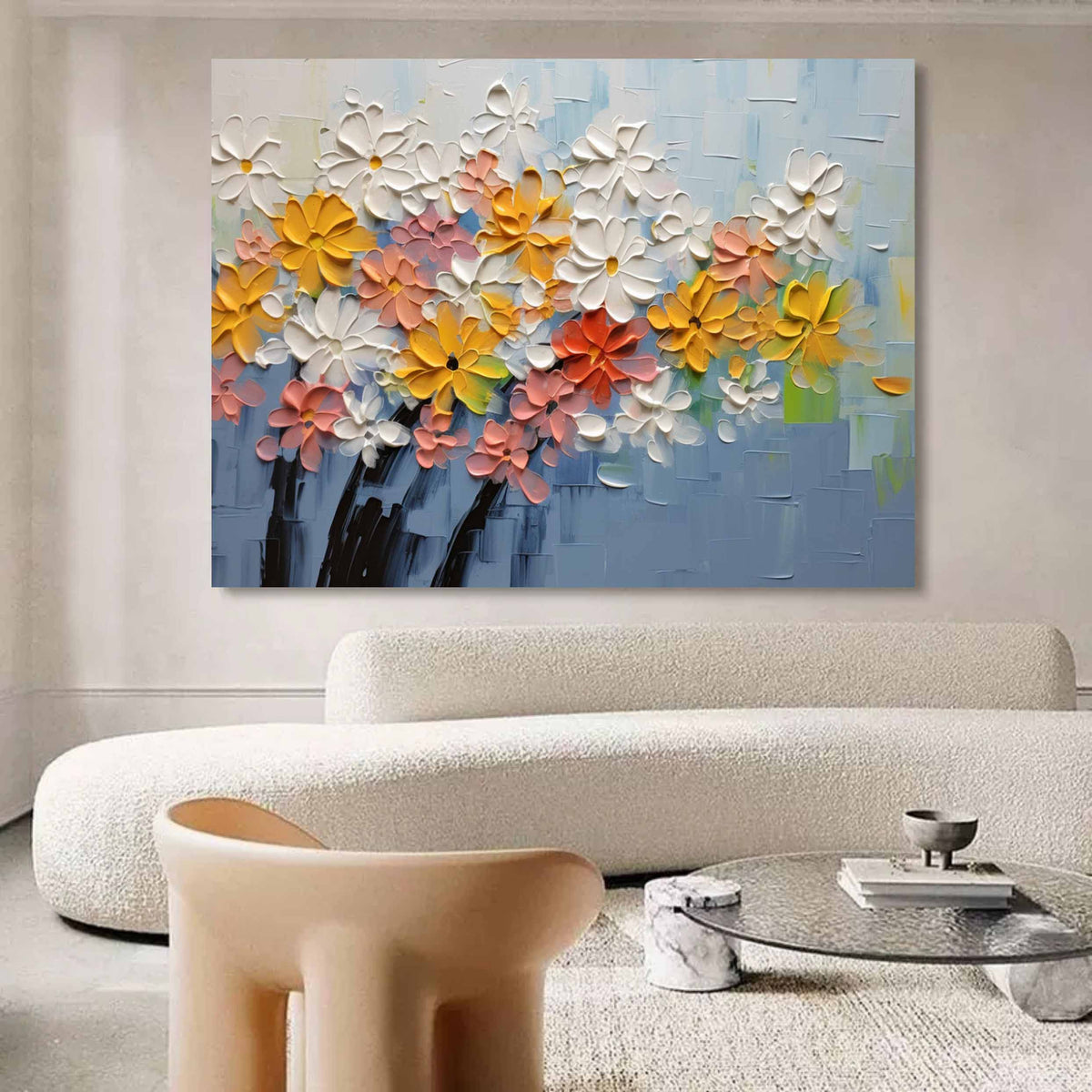 Tactile Impasto Floral Oil Painting Multi-Color Blooms