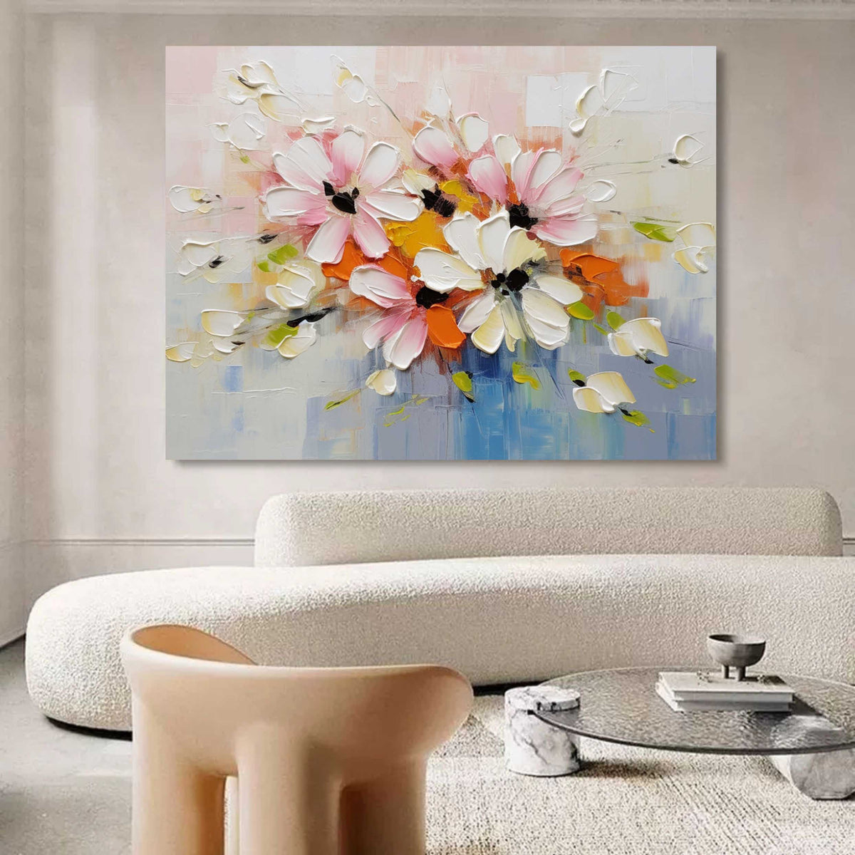 Tactile Impasto Floral Oil Painting Pink Orange Blooms