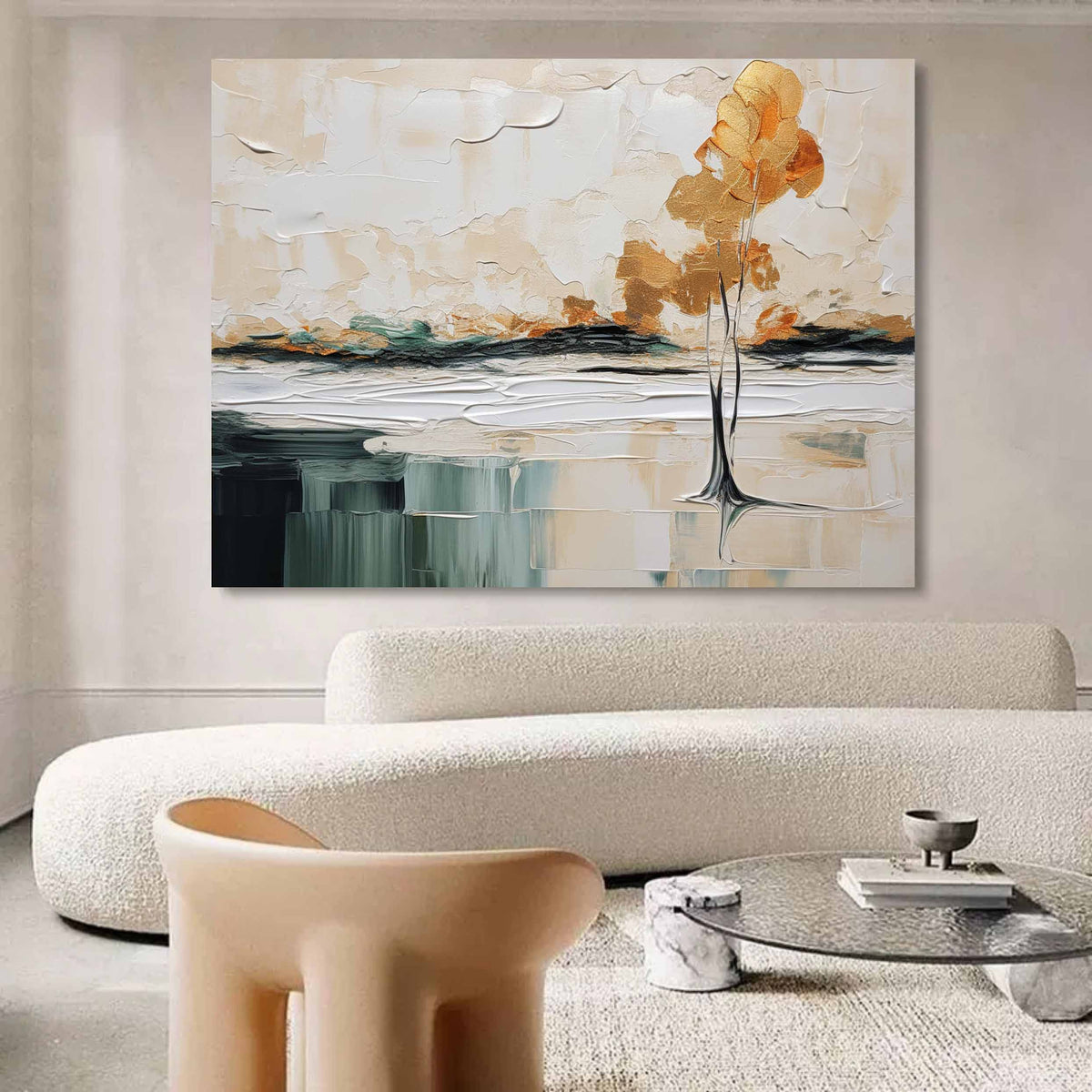 Golden Solitary Tree Landscape Impasto Painting