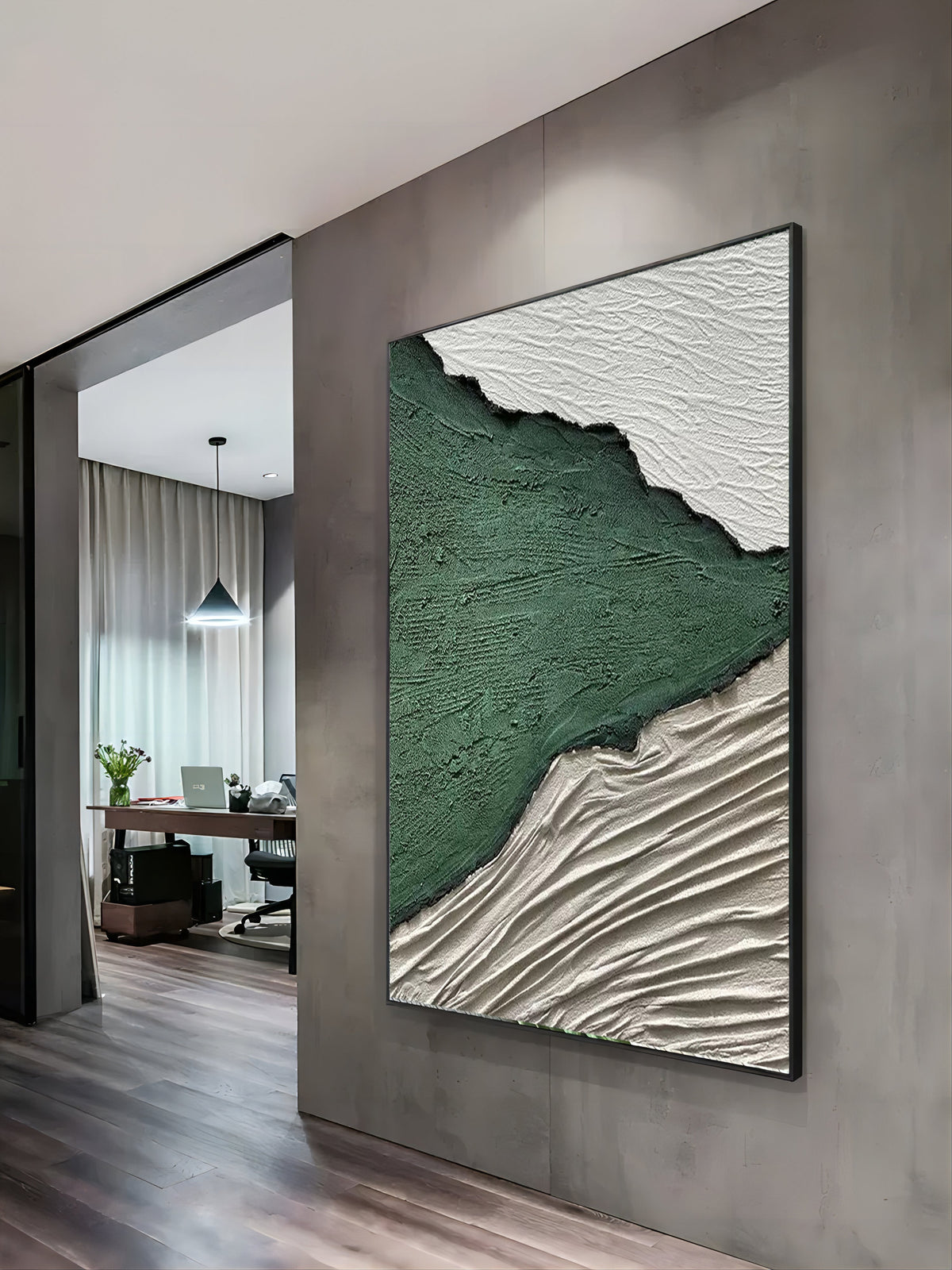 Emerald Green Landscape Bas-Relief Painting